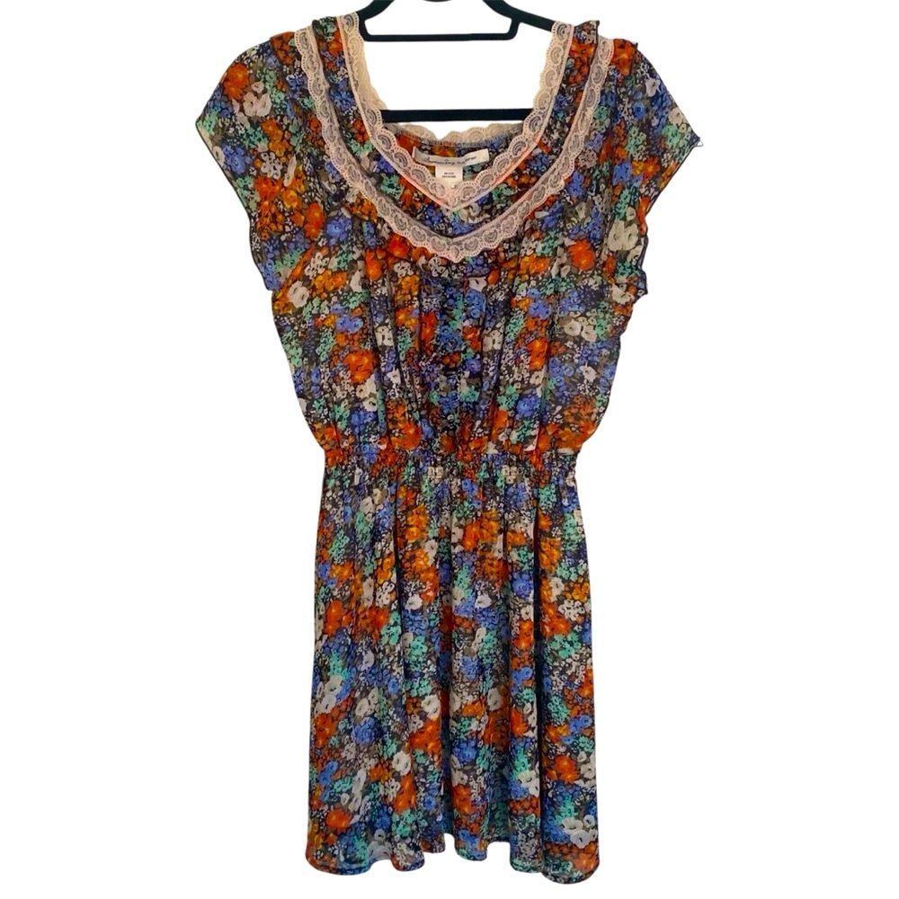 American Rag Floral Boho Mini Dress Women’s Medium Lace Ruffle Peasant Festival